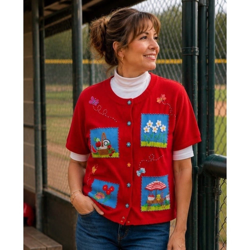 Marisa Christina Women's M Red Cardigan SS Sweater Whimsical Garden Vintage